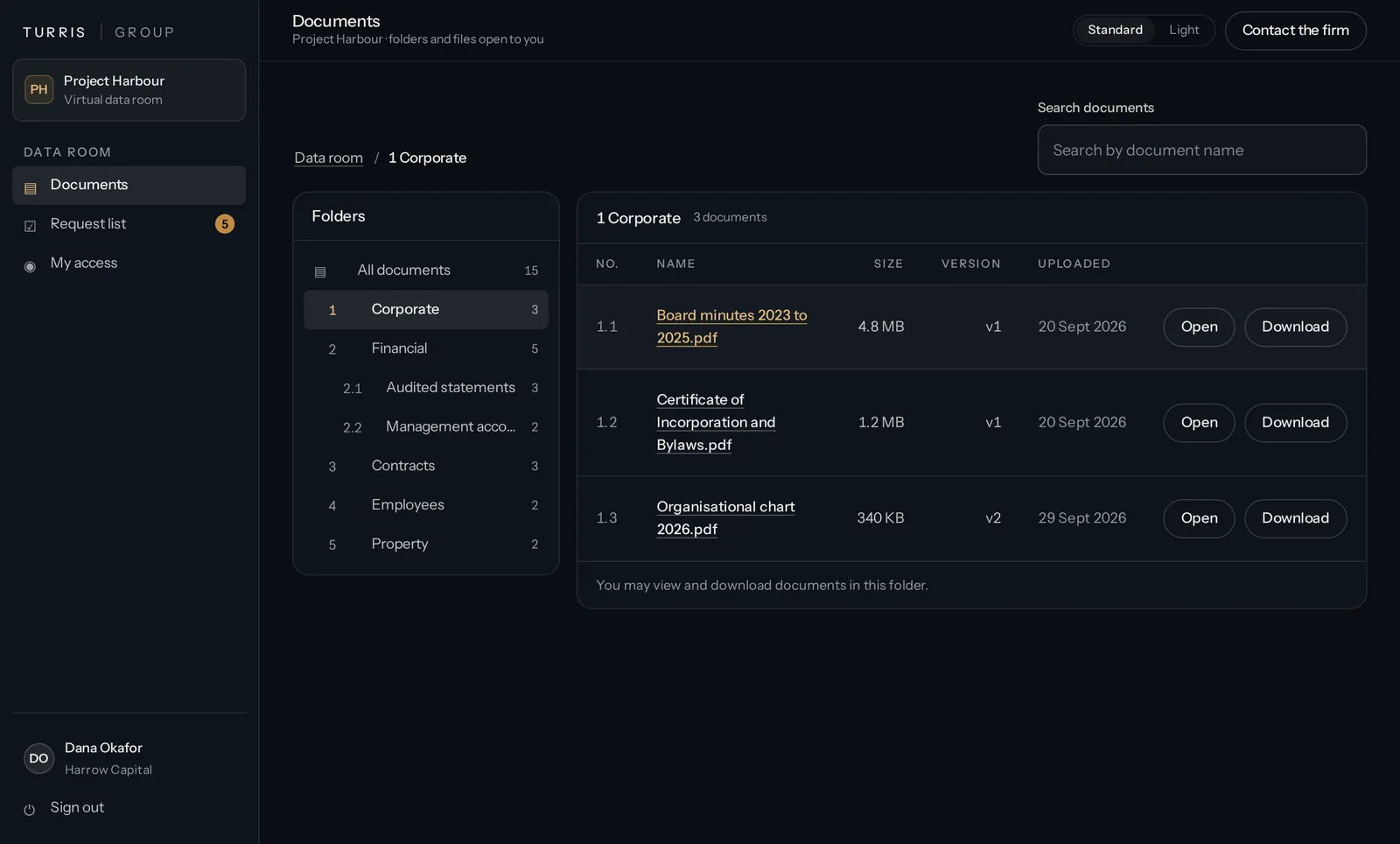 The Turris data room: folders on the left, documents in the selected folder on the right